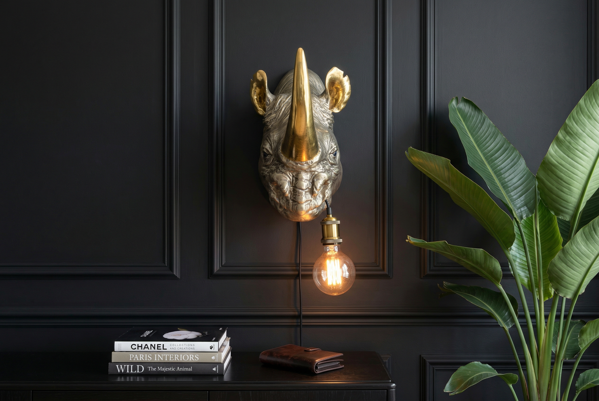 Wandleuchte RHINO 40 cm handgefertigte goldene Nashornskulptur
