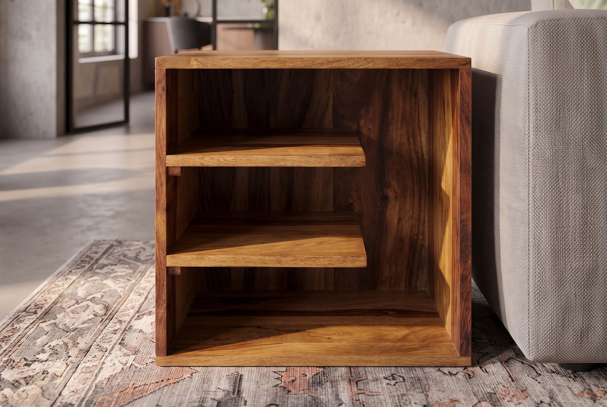 Side table CUBUS 45cm w/ open storage shelves sheesham wood brown stone finish