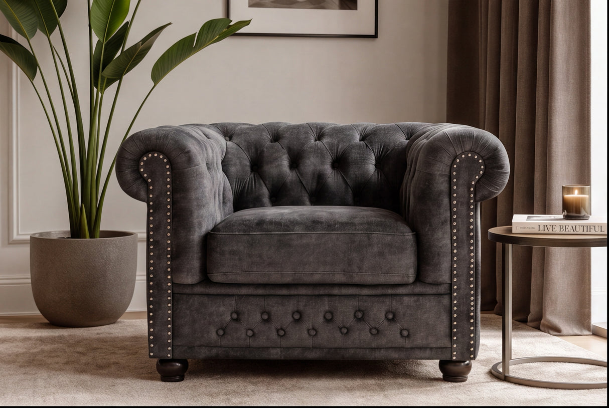 Sessel CHESTERFIELD Samt Antiklook grau