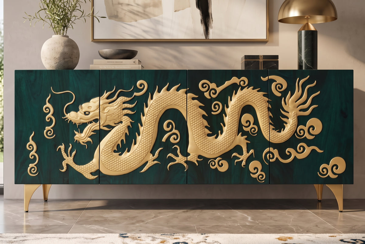 Sideboard DRAGON 180cm 3D dragon front mango wood turquoise w/ gold coloured details