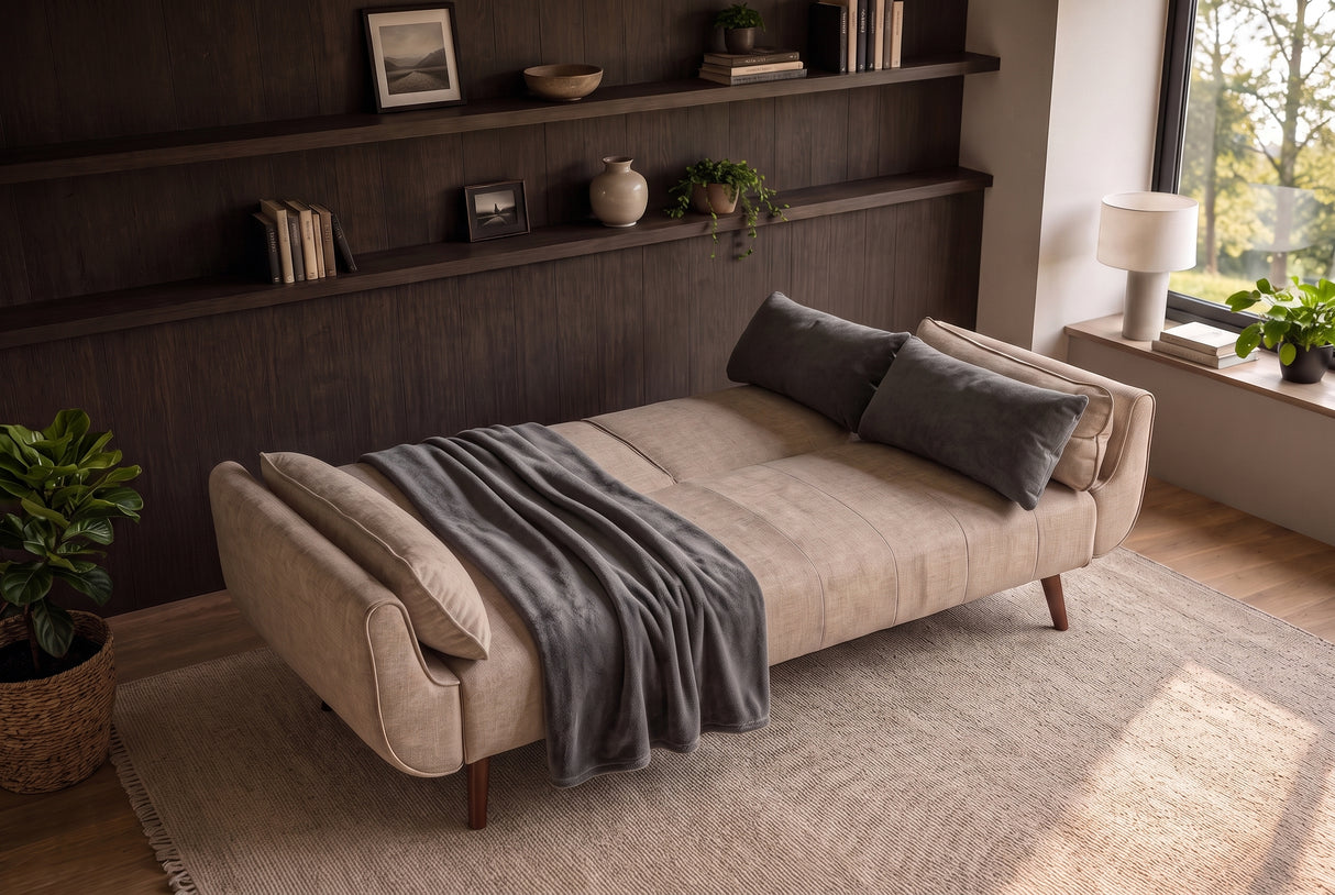 Sofa bed DIVANI 220cm 3-seater velvet champagne beige