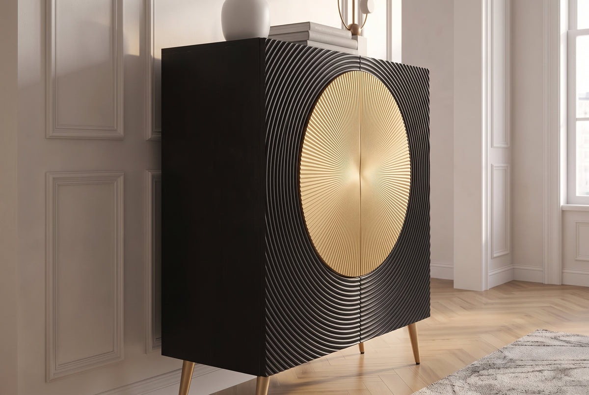 Highboard AURUM 120cm textured front gold circle accent mango wood black gold metal feet