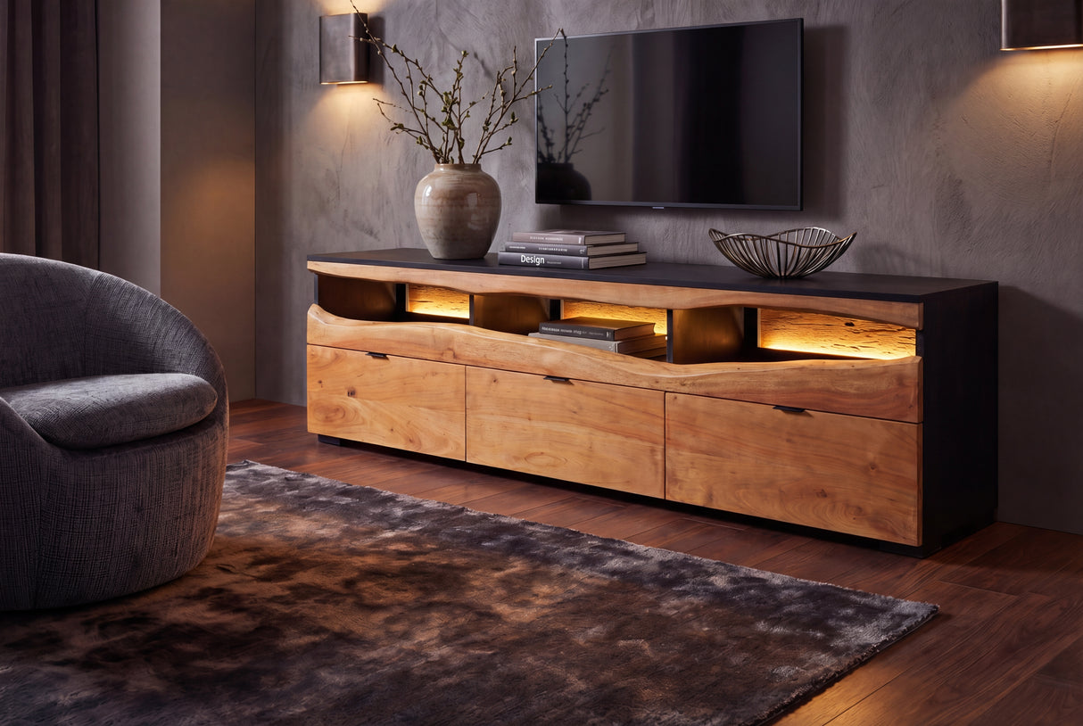TV-Board GRAND ACACIA 180cm Akazienholz Baumkante m. fernbedienbarer LED-Beleuchtung