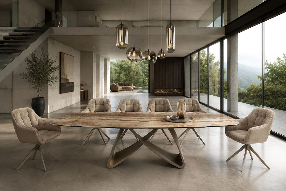 Dining table INFINITY 180-220-260cm boat-shaped extendable spanish onyx ceramic rust brown