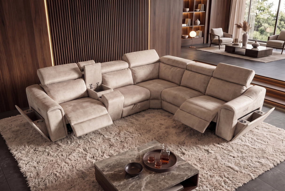 Corner sofa PRIME multifunctional electrically adjustable w/ storage space vogue velvet beige