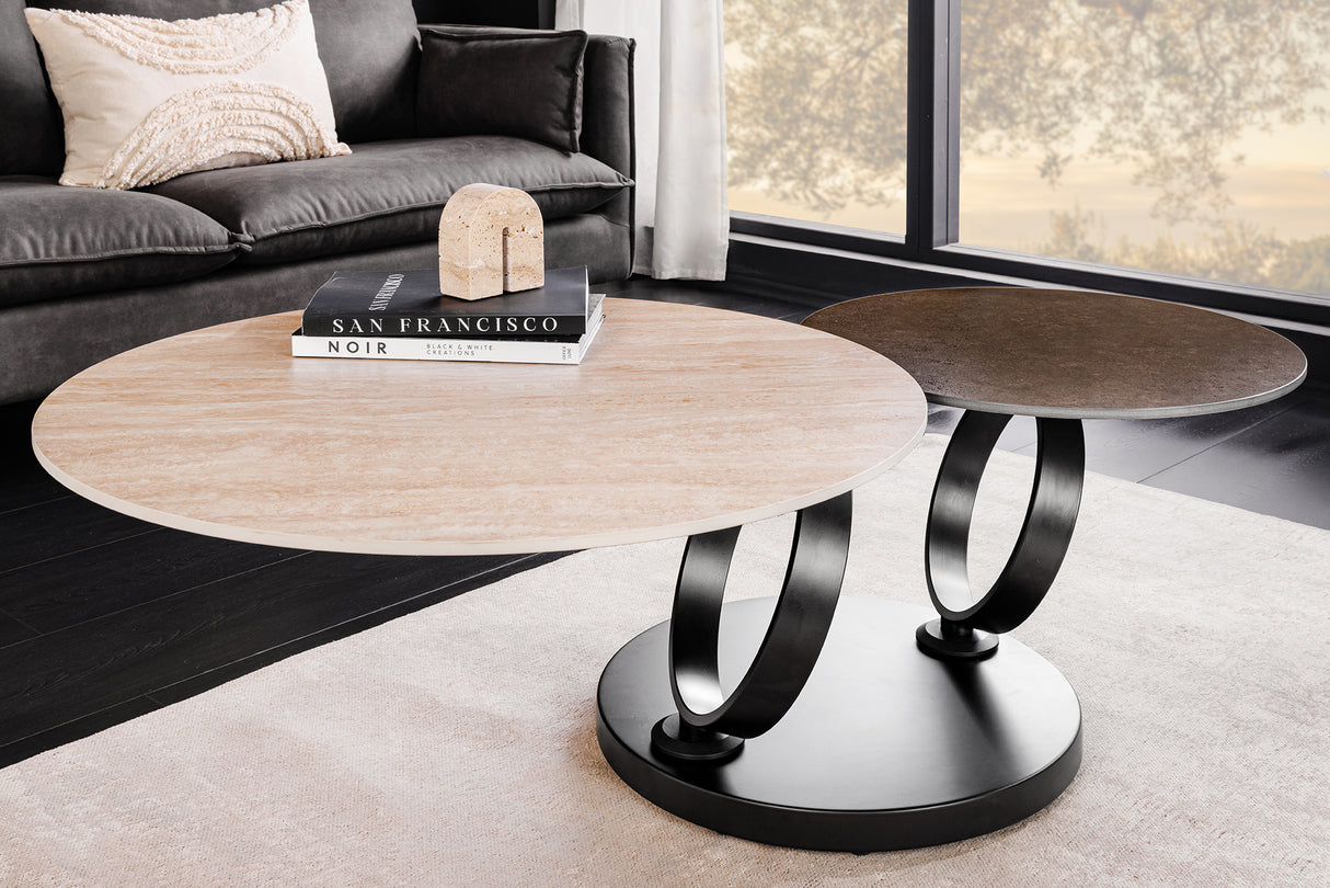 Couchtisch DANCING RINGS 80-135cm drehbare Keramikplatte Naturtravertin und Rostoptik