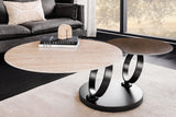Couchtisch DANCING RINGS 80-135cm drehbare Keramikplatte Naturtravertin und Rostoptik