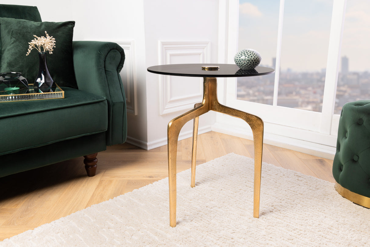 Side table ABSTRACT 55cm brass legs and black glass plate