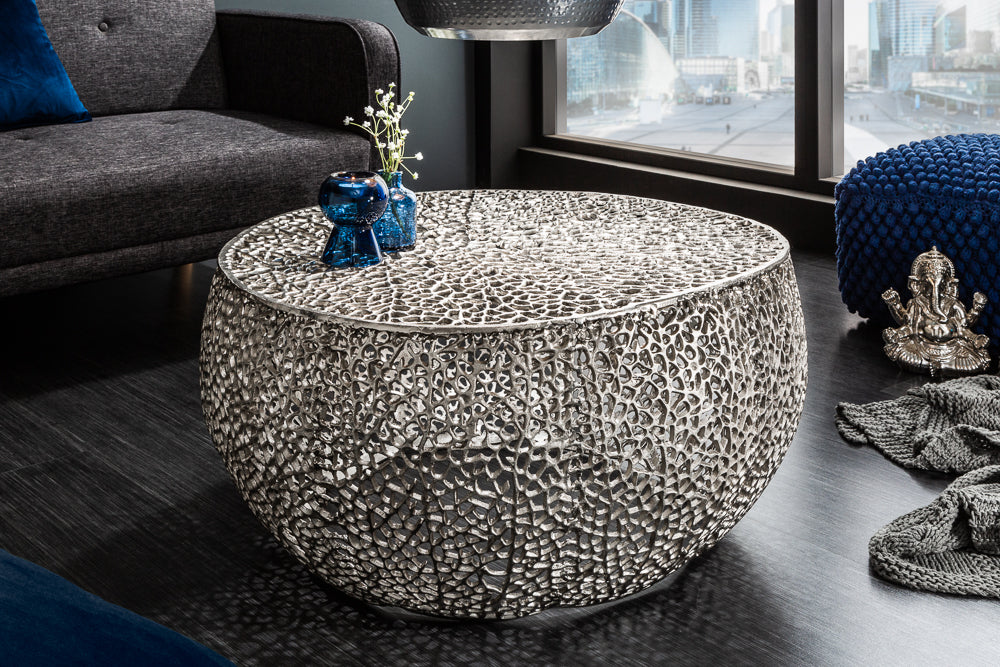Coffee table LEAF 80cm metal silver handmade