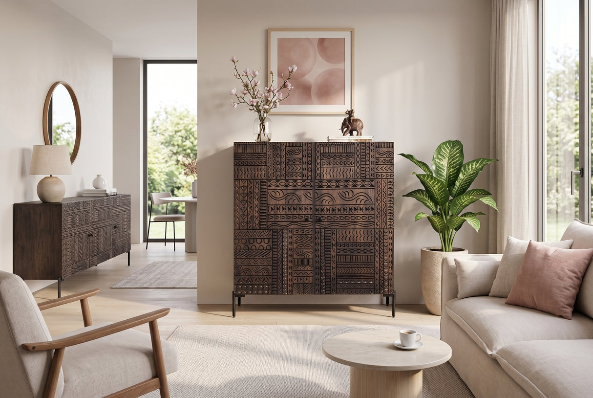 Highboard TRIBAL 120cm 3D antique look mango wood dark brown