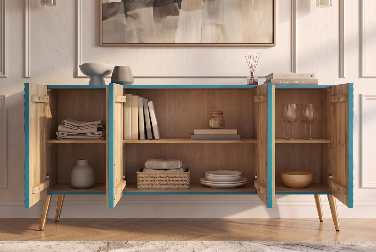 Sideboard AURUM 180cm textured front gold circle accent mango wood turquoise gold metal feet
