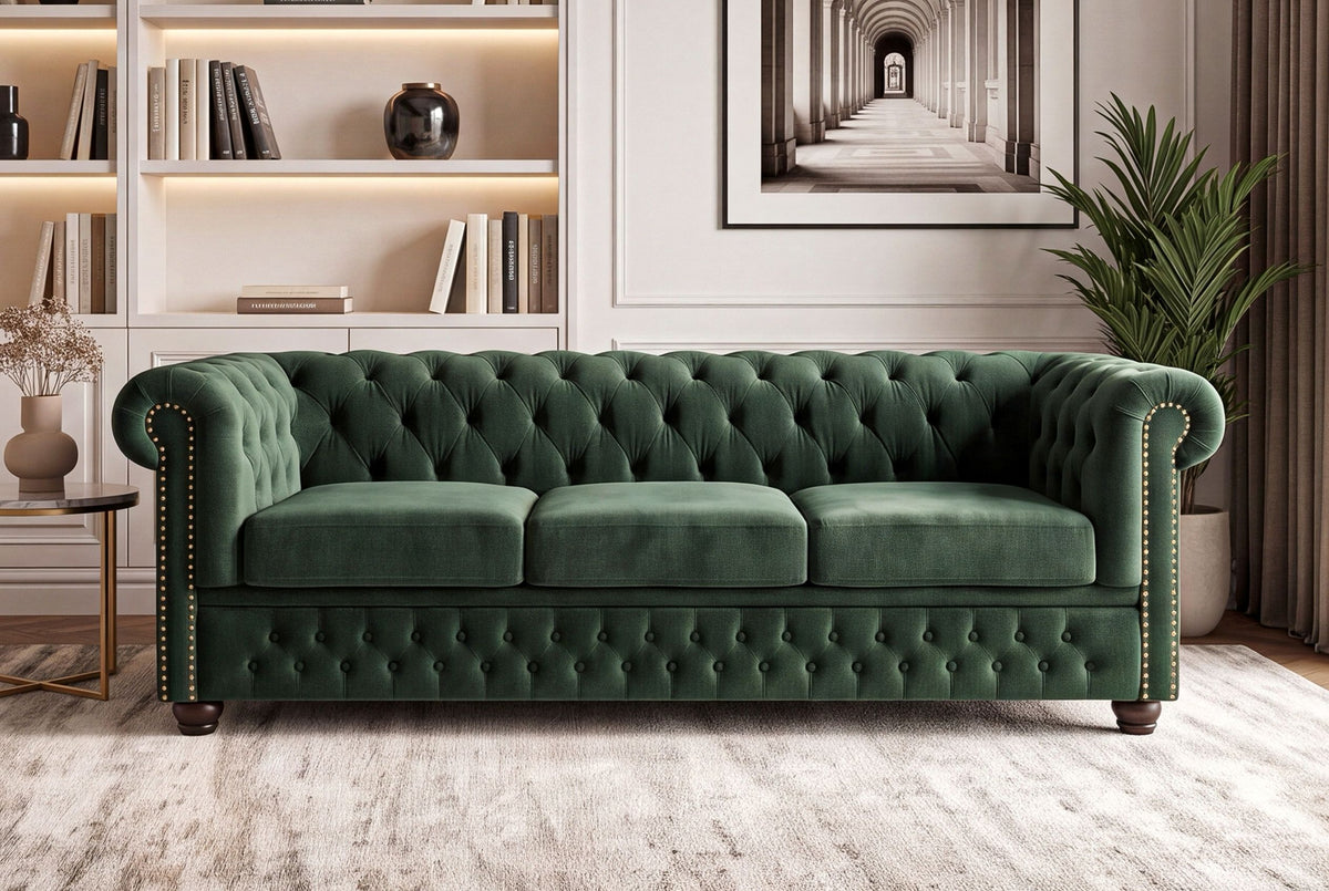 Sofa CHESTERFIELD 3-seater button tufted velvet emerald green w/ decorative stud trim