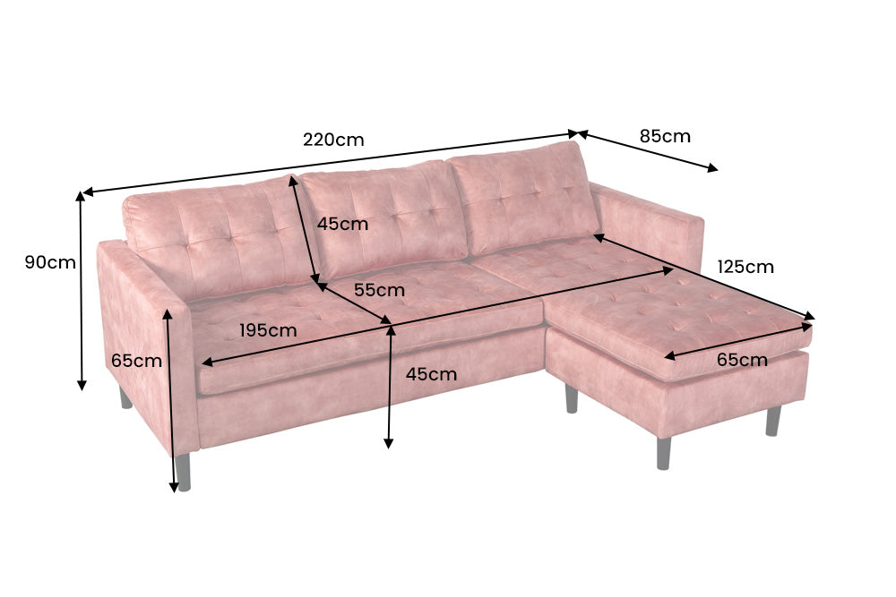 Corner sofa STOCKHOLM 220cm 3-seater w/ ottoman button tufted look velvet dusky pink