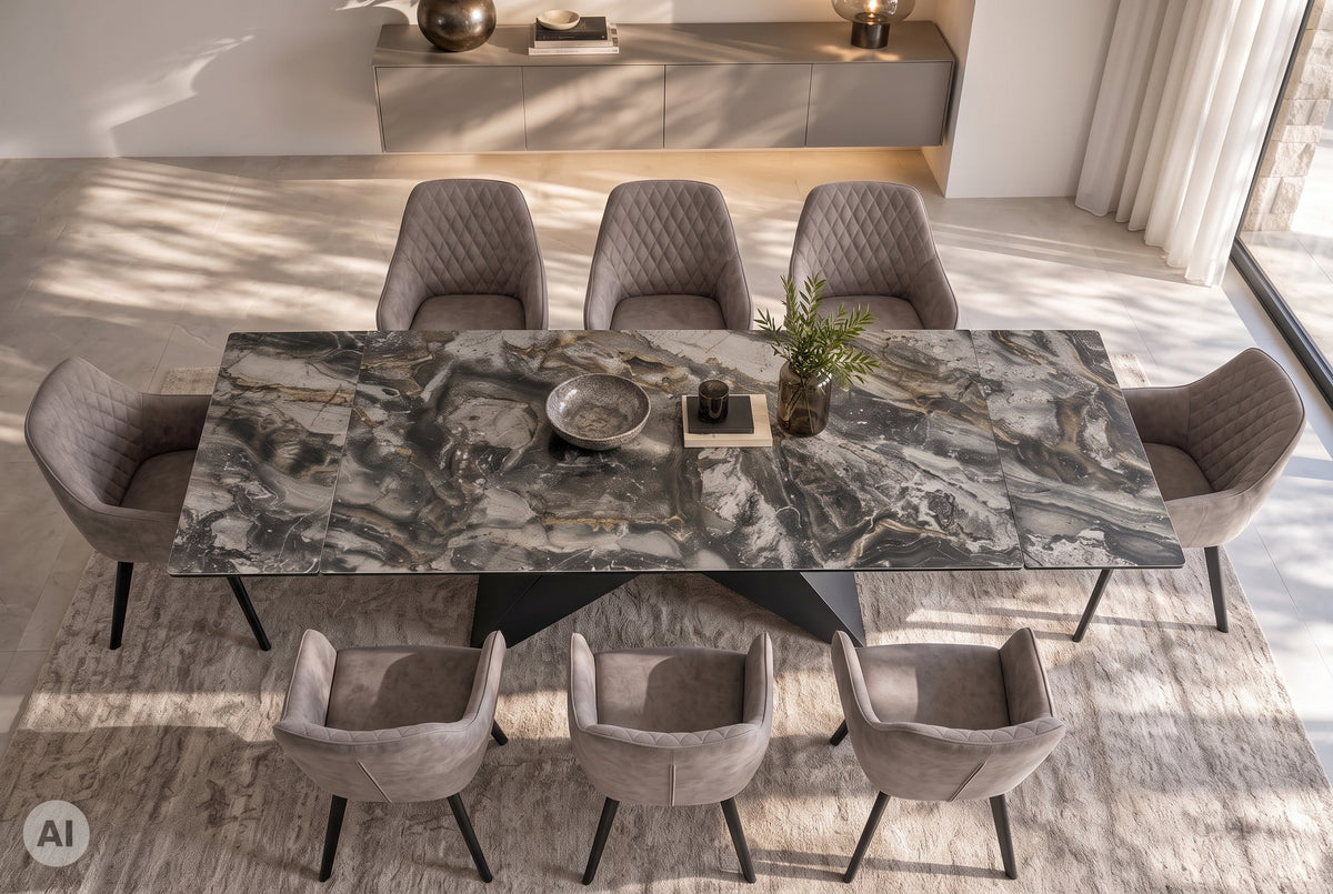 Dining table DIAMOND 180-260cm extendable ceramic taupe w/ geometric black iron base