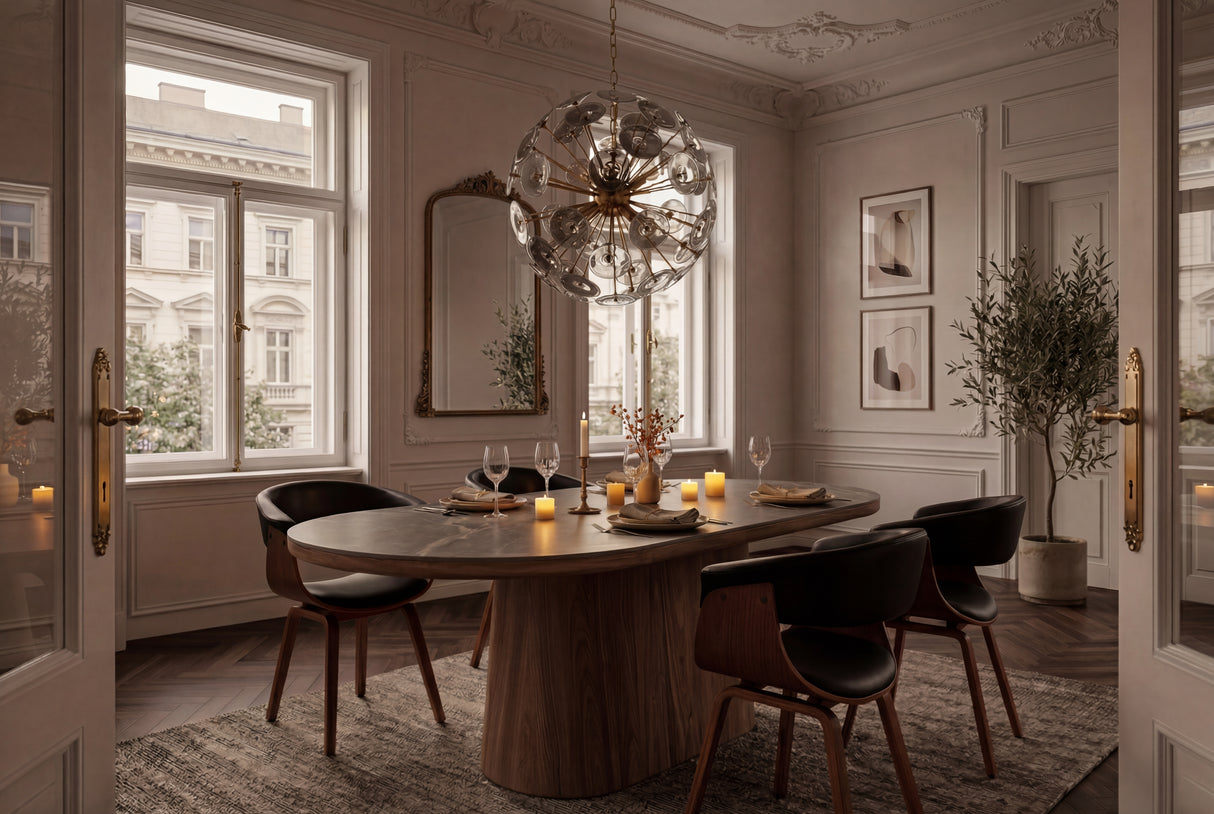 Esstisch UNIQUE 200cm ovales Gestell Walnussholz furniert Keramik graue Marmorplatte