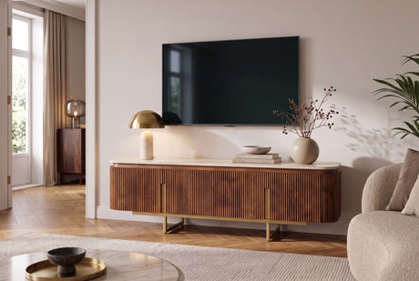 TV-Board GATSBY 160cm retro style mango wood travertine top brown gold
