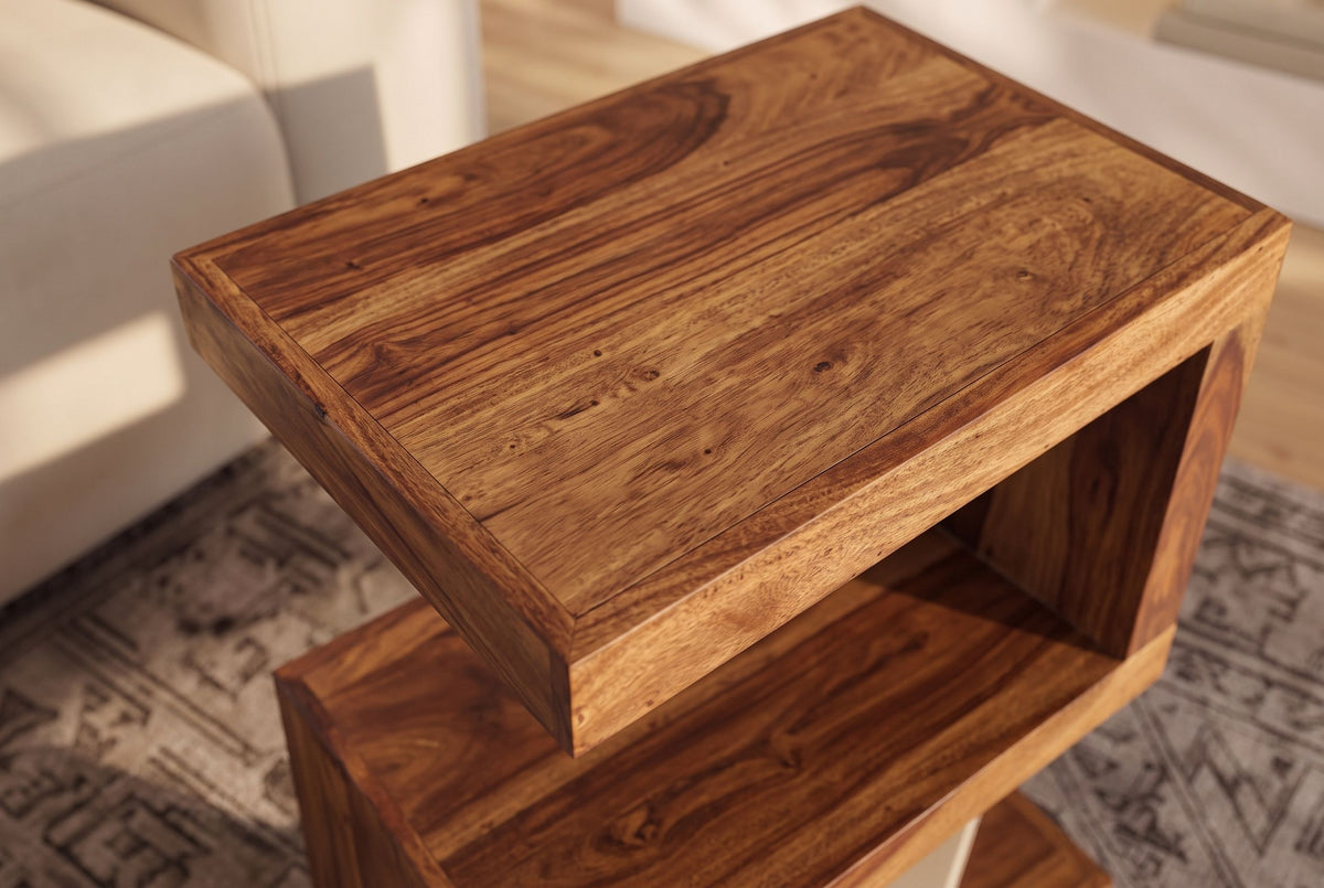 Side table S 60cm S-shape w/ open storage space sheesham wood brown stone finish