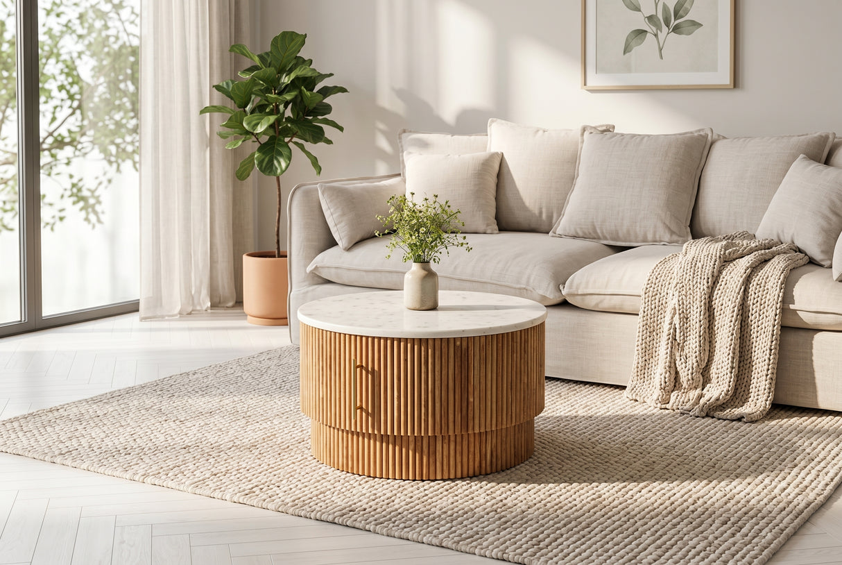 Couchtisch TRES CHIC Ø 60cm rund Mangoholz natur mit weißer Marmorplatte