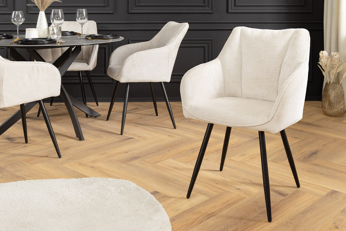 Swivel chair AVIGNON 360° w/ armrests chenille fabric champagne beige and black legs