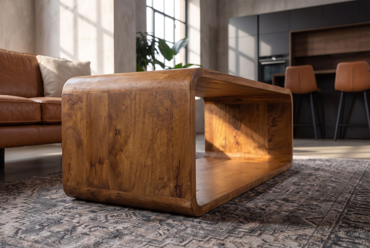 Coffee table CUBUS 100cm w/ storage space mango wood brown honey finish