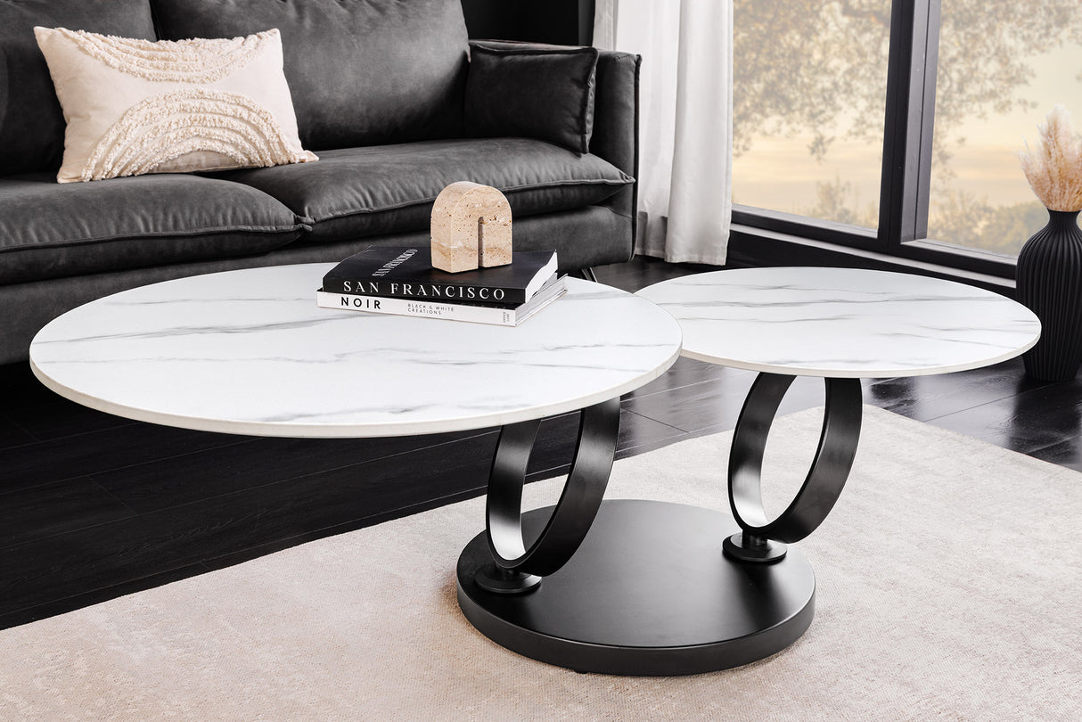 Couchtisch DANCING RINGS 80-135cm drehbar Keramikplatte weiß Marmoroptik