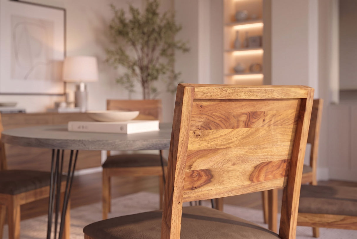 Chair MAKASSAR 80cm textured fabric grey and sheesham wood brown stone finish