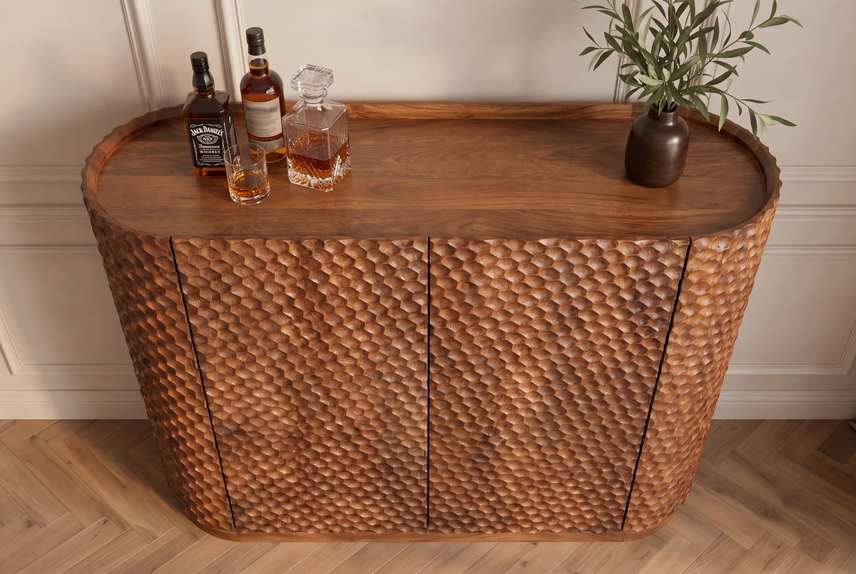 Bar cabinet ADLON 140cm 3D textured front rounded edges mango wood natural w/ wine rack