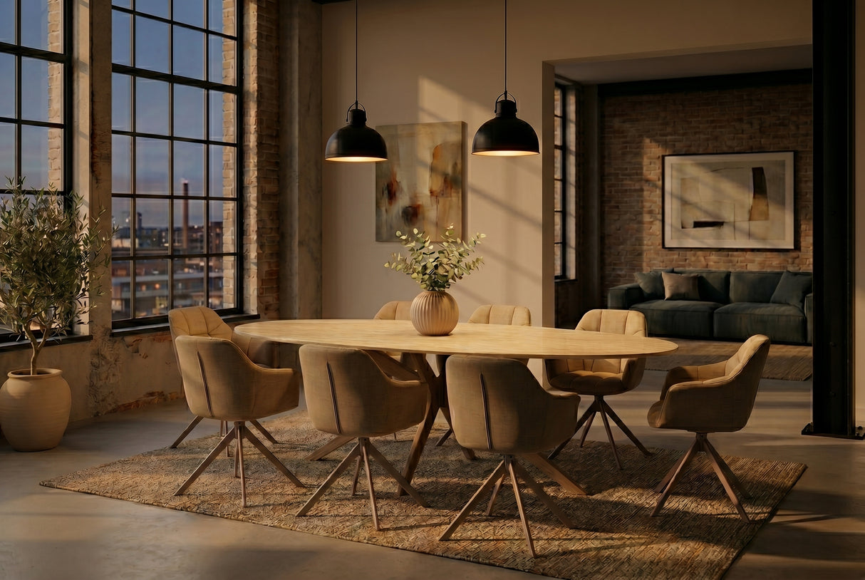 Dining table TRAVERTIN 220cm oval ceramic champagne greige