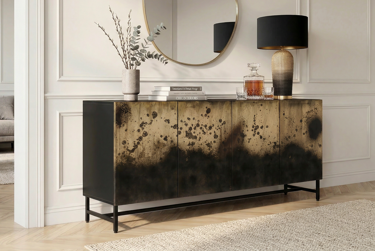 Sideboard OXID 180cm Metall schwarz gold massives Mangoholz