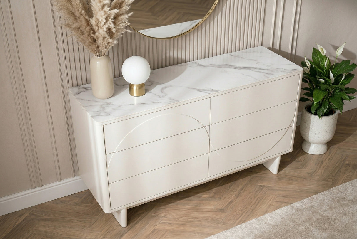 Sideboard SAVOY 150 cm 3D weiß mit weißer Marmorkeramikplatte