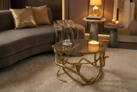 Coffee table SNAKE 70cm gold with glass plate
