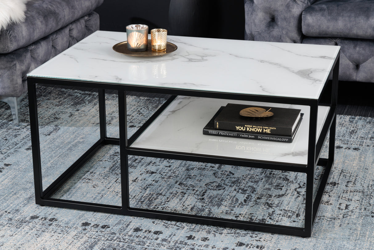 Coffee table ELEGANCE 90cm marble look white black frame