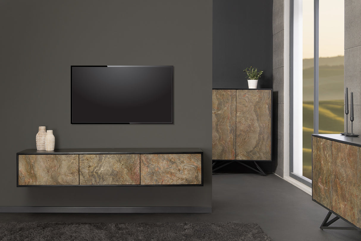 TV Board MONTAIN SOUL 160cm hängend Akazie Naturstein Optik schwarz natur