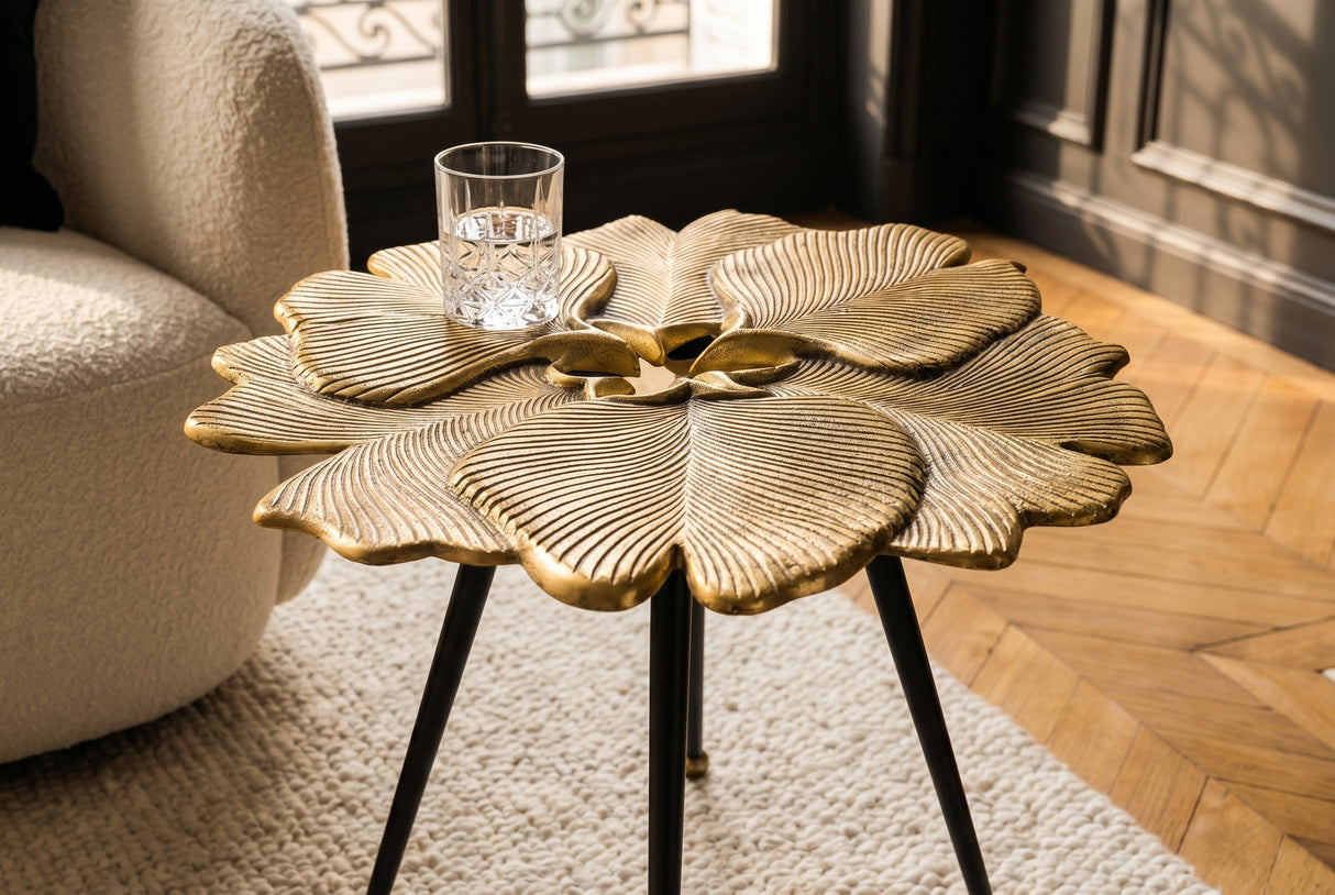 Coffee table GINKGO LEAVES 55cm gold with black legs