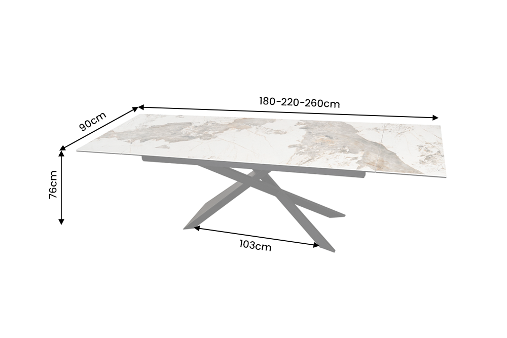 Esstisch EUPHORIA 180-220-260 cm ausziehbar, Pandora-Keramik weiß-grau-braun mit schwarzem Sternfuß