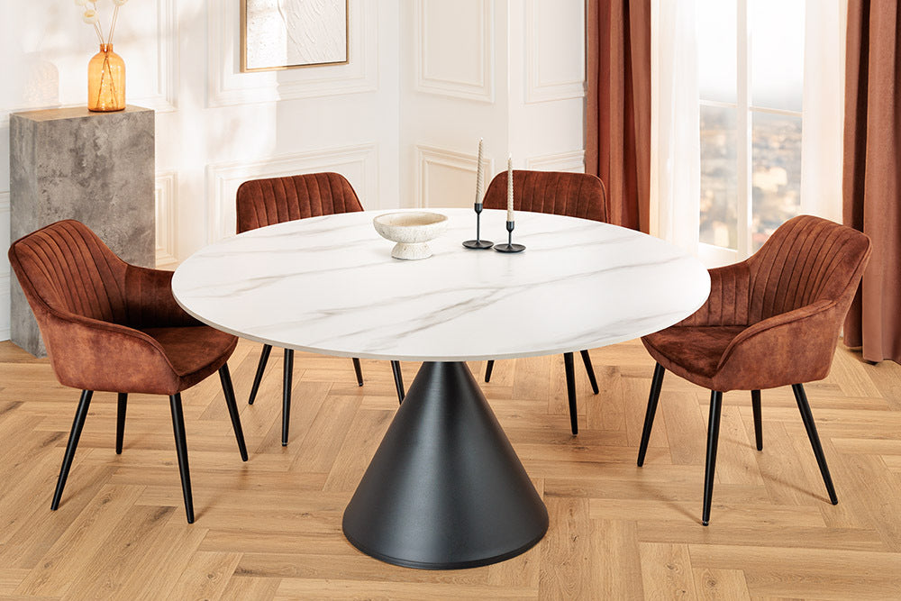 Esstisch SIGNATURE 135 cm, rund, schwarzer Metallrahmen, Keramikplatte aus weißem Marmor
