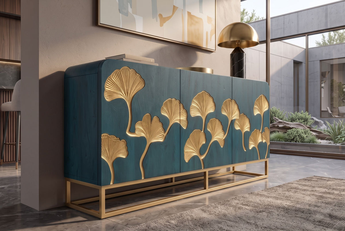 Sideboard GINKGO 160cm ginkgo leaf front mango wood turquoise w/ gold metal frame