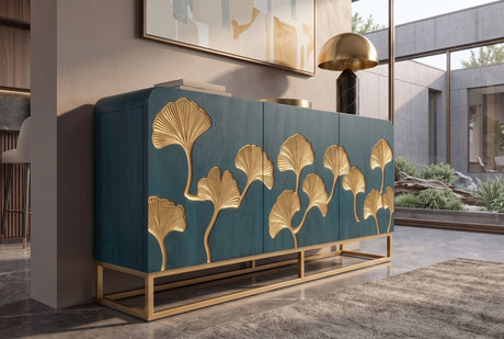 Sideboard GINKGO 160cm ginkgo leaf front mango wood turquoise w/ gold metal frame