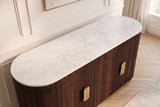 Sideboard GATSBY 170cm mango wood brown w/ white marble top fluted front gold metal details