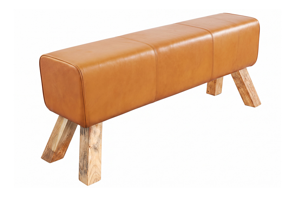 Bench TURNBOCK 120cm mango wood genuine leather cognac brown