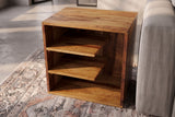 Side table CUBUS 45cm w/ open storage shelves sheesham wood brown stone finish