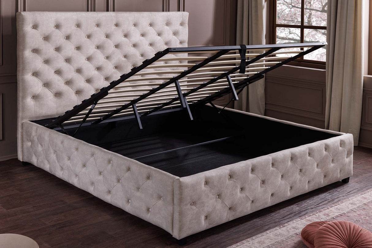 Bed PARIS 160x200cm CHESTERFIELD look velvet champagne beige w/ storage space