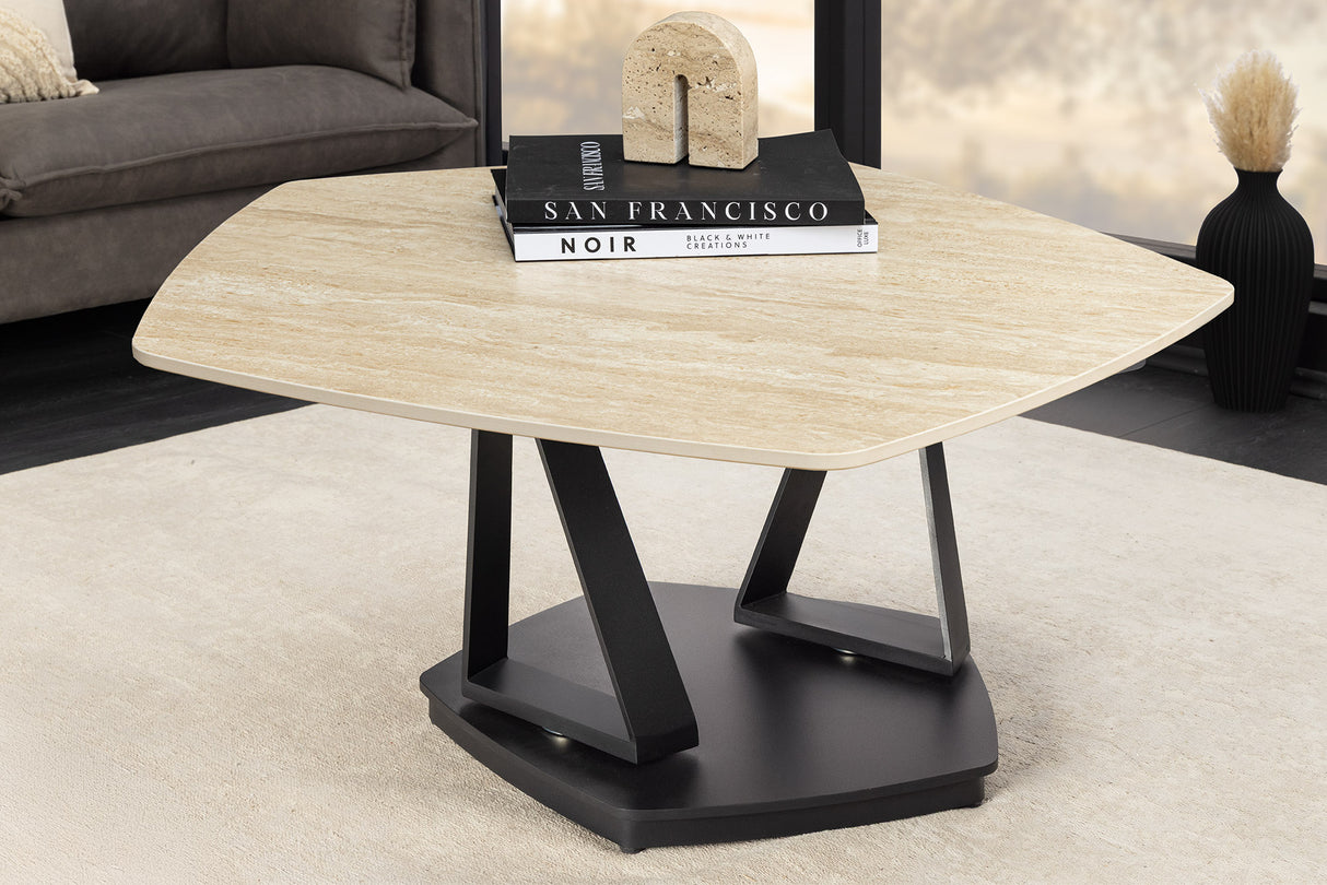 Couchtisch MOVEMENT 80-130cm drehbare Keramikplatte Naturtravertin und Rostoptik