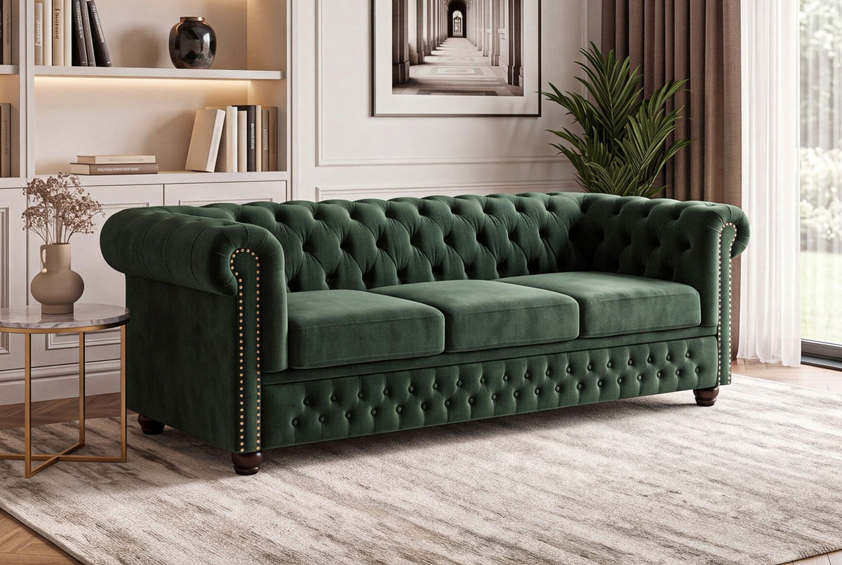 Sofa CHESTERFIELD 3-seater button tufted velvet emerald green w/ decorative stud trim