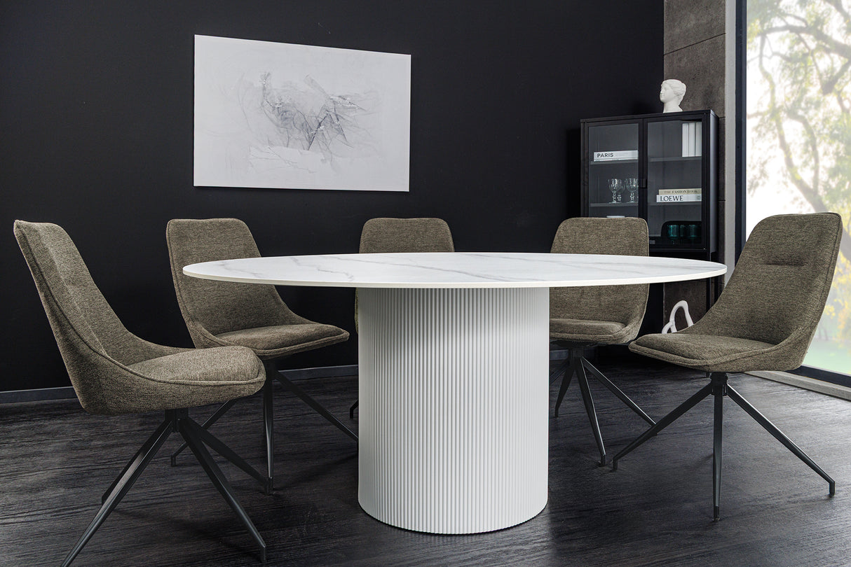 Dining table UNIQUE 120cm round white frame ceramic white marble top