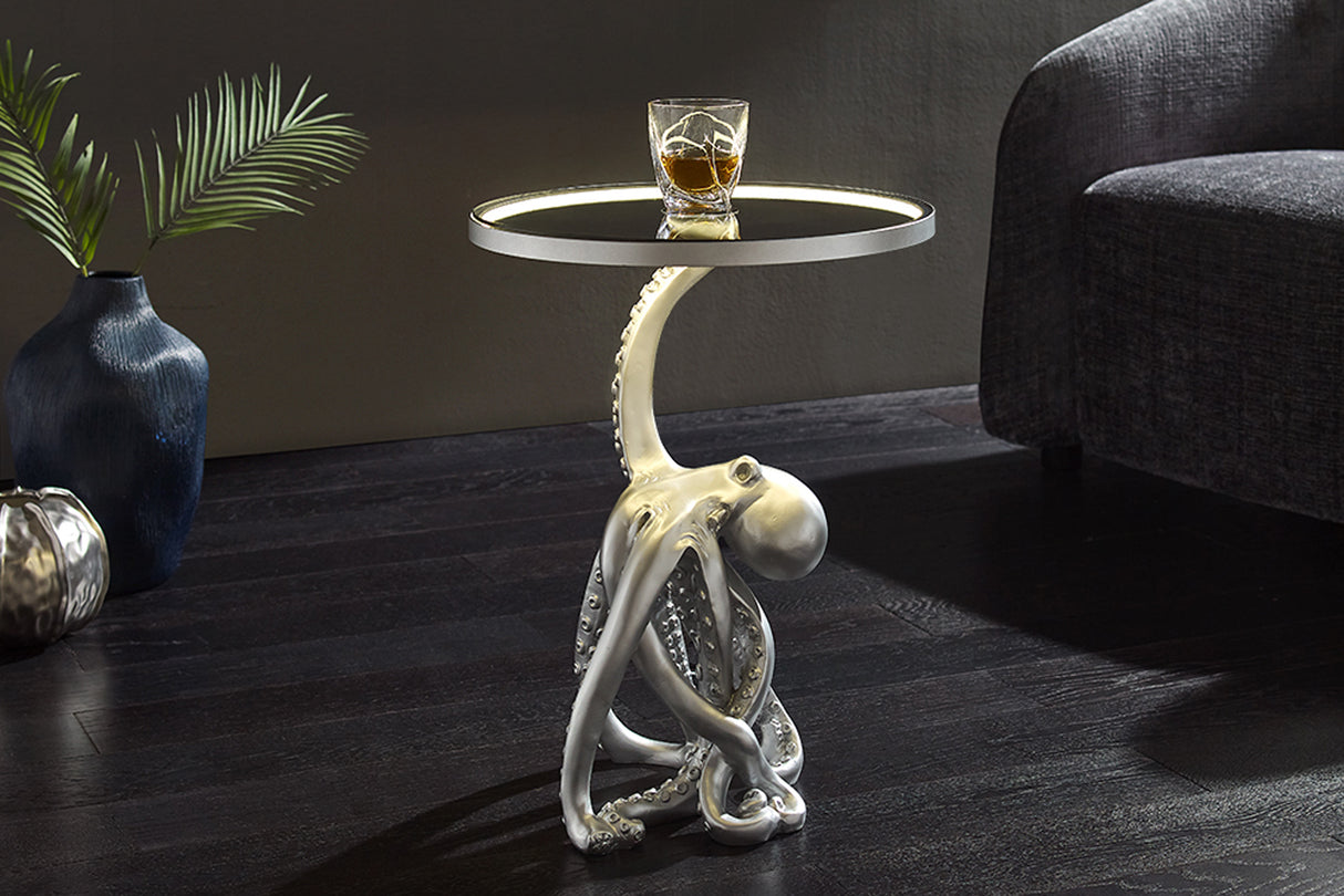 Side table WILDLIFE OCTOPUS 55cm silver illuminated glass plate w/ LED stripes