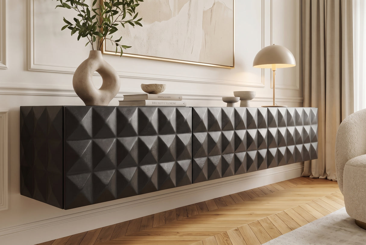 TV-Board VULCANO 160cm 3D hängend mit Kabelloch Mangoholz schwarz