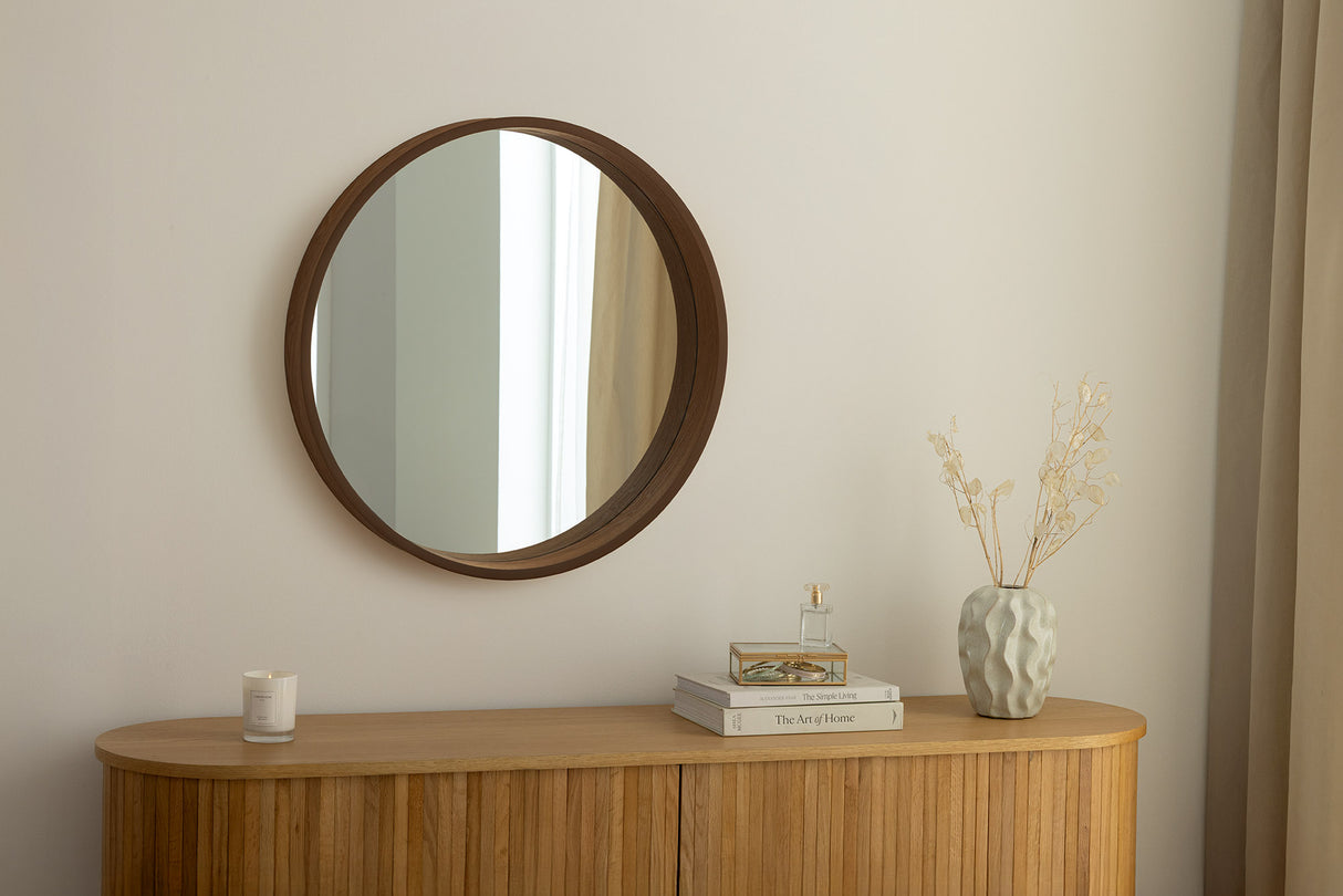 Wall mirrow PORTRAIT 70cm round walnut wood veneered