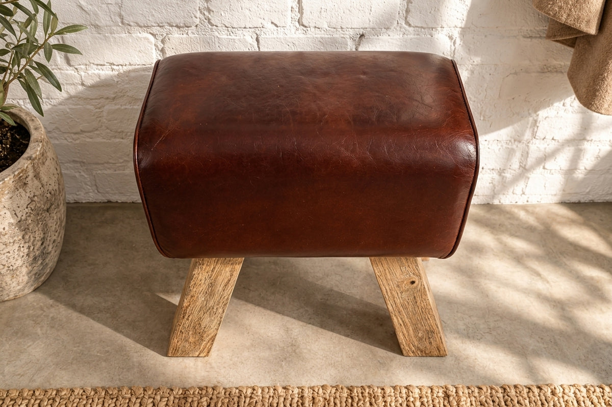 Stool TURNBOCK 40cm upholstered seat mango wood natural genuine leather coffee brown