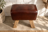 Stool TURNBOCK 40cm upholstered seat mango wood natural genuine leather coffee brown